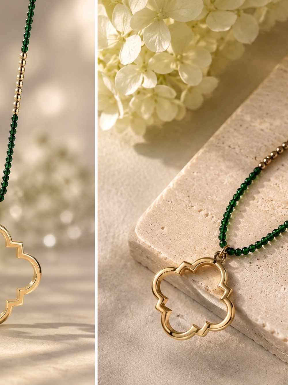 Gold Clover Pendant Necklace with Green Beaded Chain - Women Jewelry